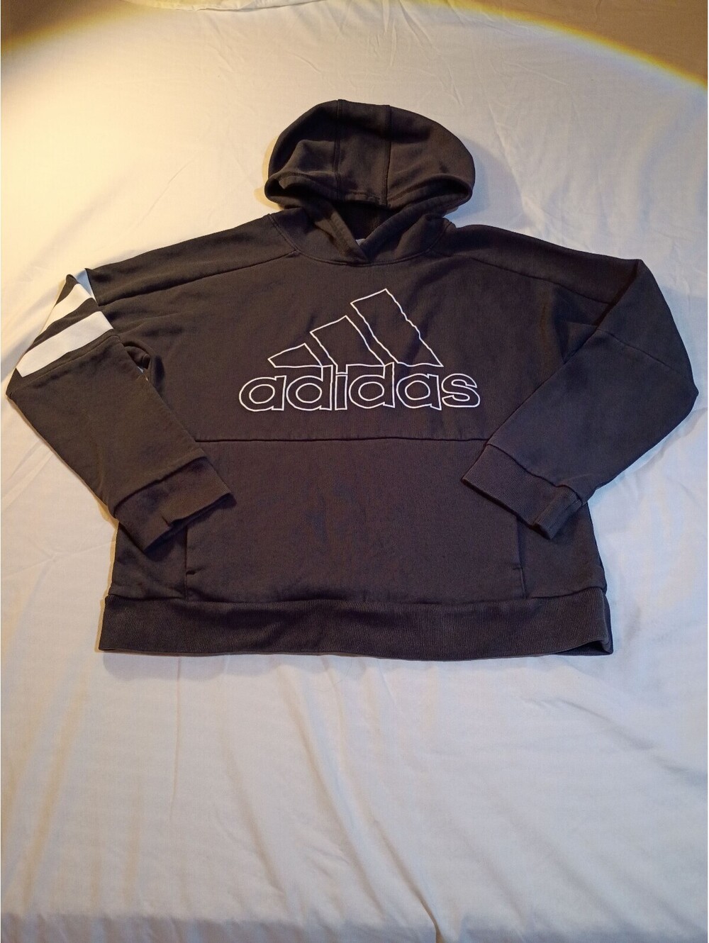 Adidas Black Pullover Hoodie with White Logo and Sleeve Stripes, Size L/G (14/16